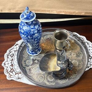 Blue and White Floral Vase with Silver Tray Set